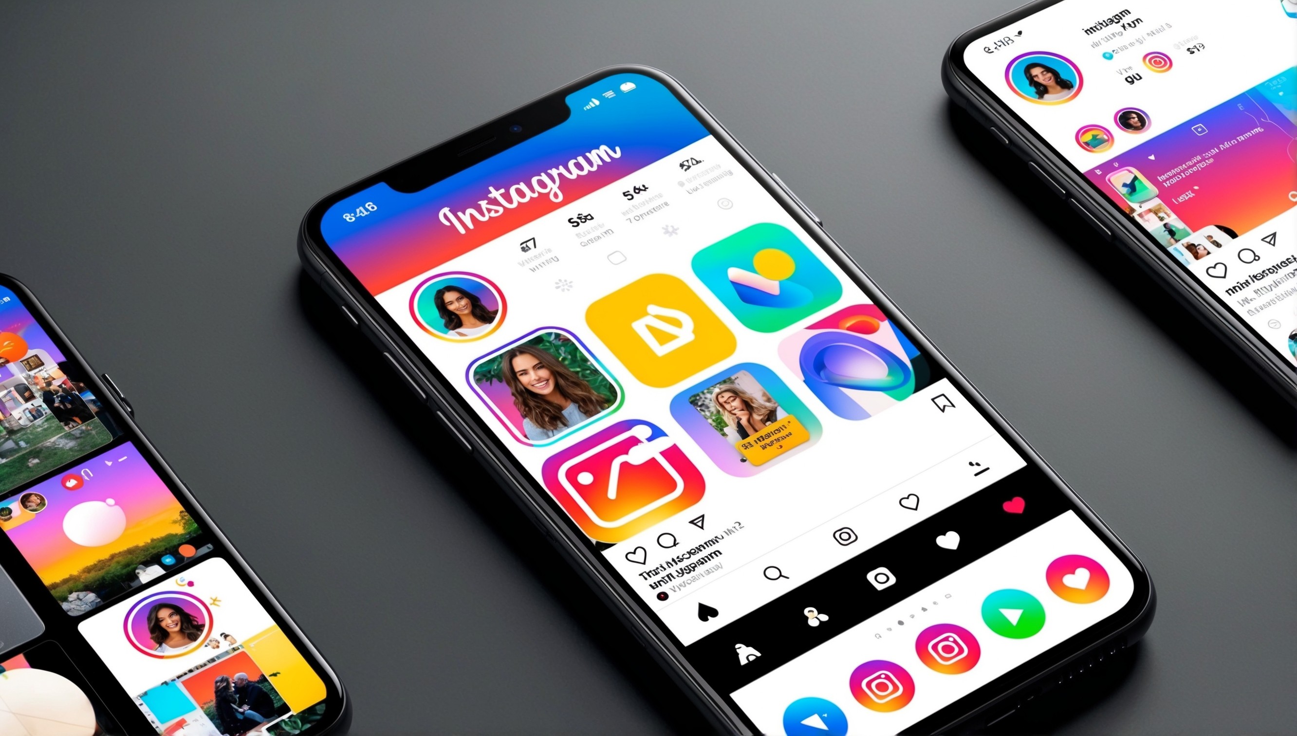 A modern smartphone screen displaying the Instagram application, with a bright and colorful interface featuring a mix of vibrant icons, buttons, and feeds, set against a sleek dark grey or black background, the Instagram logo prominently visible at the top, a navigation bar at the bottom with five icons for home, search, add post, like, and profile, a few posts from various users filling the screen, each with a profile picture, username, post image, caption, and engagement metrics, the overall aesthetic is clean, minimalistic, and highly stylized, with bold typography and subtle gradients.