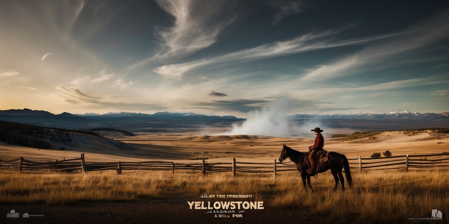 A dramatic, wide-angle landscape photograph of the Yellowstone National Park, inspired by the TV series, with a gritty, cinematic tone and warm, golden lighting, capturing the rugged beauty of the American West, featuring a sweeping vista of vast plains, rolling hills, and majestic mountains in the distance, with a few wispy clouds scattered across the sky, and a faint mist rising from the terrain, evoking a sense of adventure and freedom, with possibly a few subtle hints of the Dutton Ranch in the foreground, such as a weathered wooden fence or a solitary cowboy figure on horseback, with a worn leather saddle and a Stetson hat, looking out towards the horizon, conveying a sense of determination and resilience.