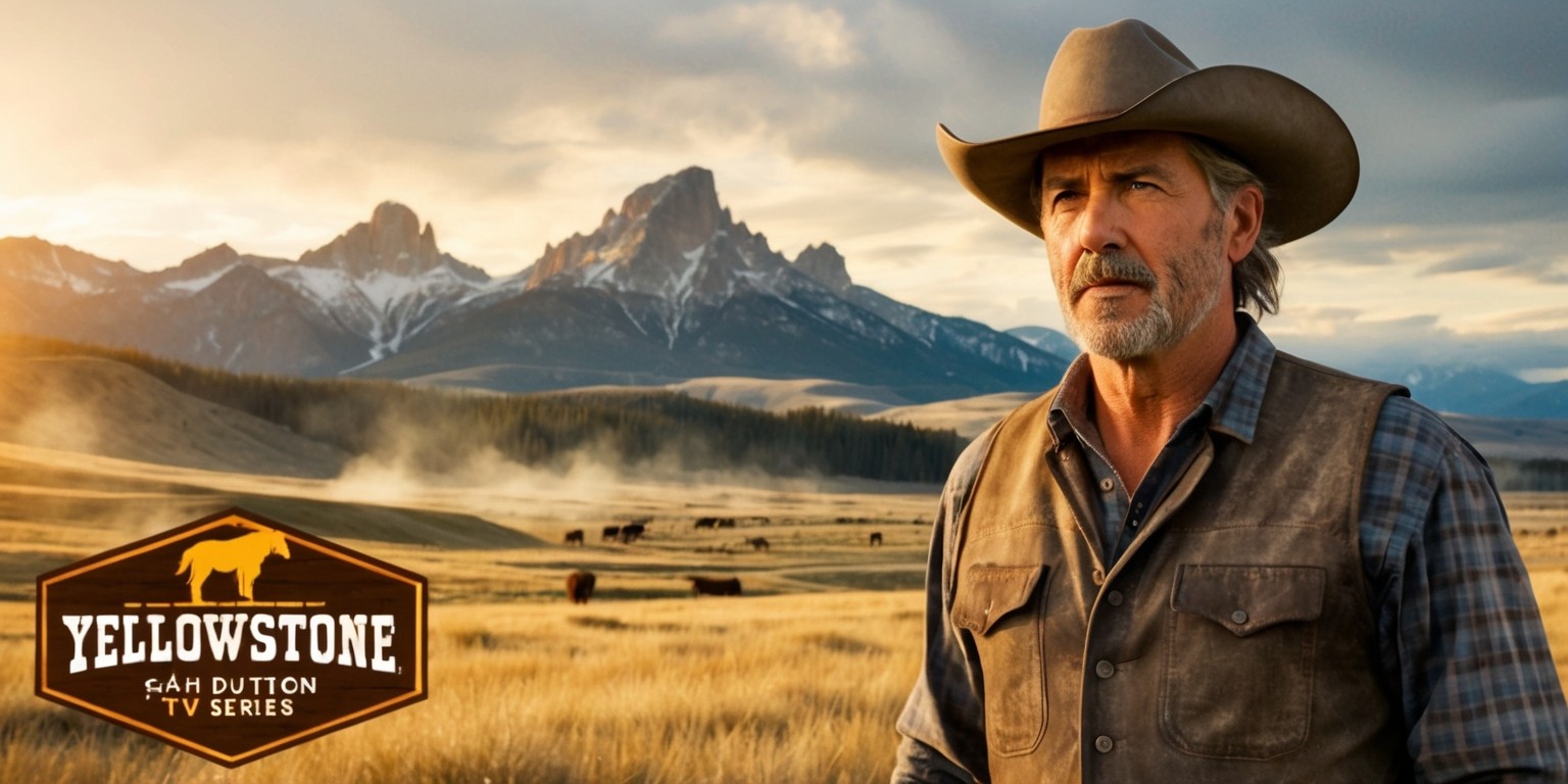 A dramatic scene from the Yellowstone TV series, set against the backdrop of the beautiful Yellowstone National Park, with the rugged and weathered Kevin Costner as John Dutton, a sixth-generation rancher, standing tall with a strong jawline, piercing eyes, and a mix of grey and brown hair, wearing a worn cowboy hat, a plaid shirt, and worn jeans, with a subtle hint of a rugged beard, amidst a sprawling landscape of rolling hills, vast open spaces, and majestic mountains, with a warm golden light casting a sense of nostalgia, and a hint of drama and tension in the air, with the Dutton Ranch logo, a bold and rustic emblem, subtly visible in the corner, in a cinematic style with a wide-angle shot, emphasizing the grandeur of the American West.