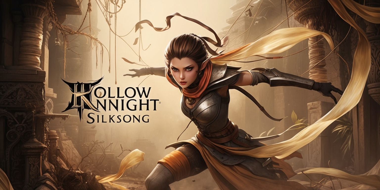 Hollow Knight: Silksong game, a hauntingly beautiful scene featuring Hornet, the protagonist, in a mystical and ancient atmosphere, with intricate architecture and a blend of organic and synthetic elements, set against a backdrop of muted earth tones and soft golden lighting, with delicate silk threads and fabrics flowing in the air, and Hornet's determined expression, with sharp facial features and piercing eyes, as she navigates through the eerie and forgotten world, with a sense of mystique and adventure, and the game's logo subtly integrated into the scene, in a style reminiscent of a mix of traditional and digital media, with bold lines, delicate textures, and a focus on atmospheric depth and mood.