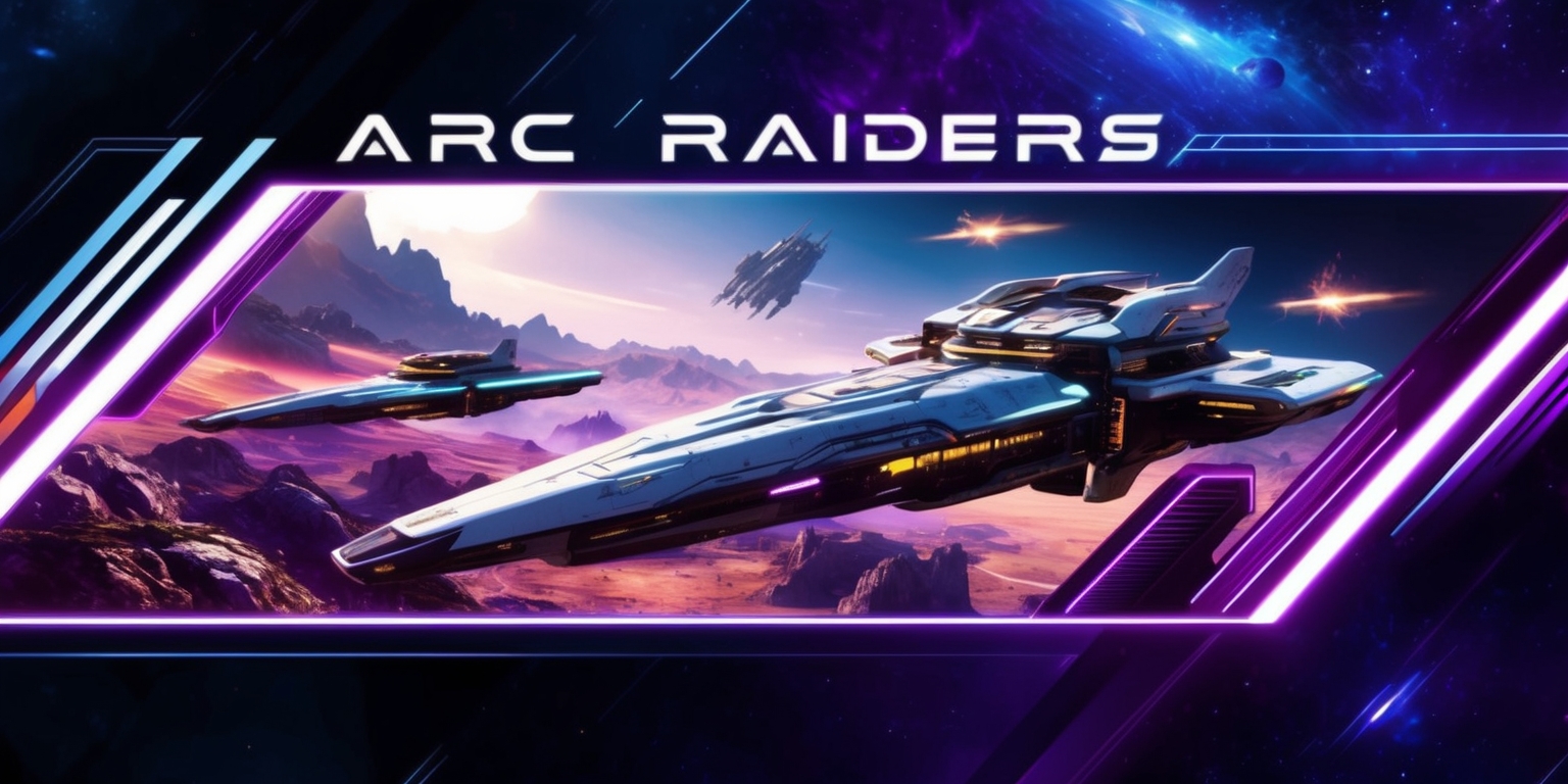 A futuristic sci-fi scene depicting the Arc Raiders game, with sleek spaceships and rugged planetary terrain, set against a vibrant cosmic backdrop with shades of deep blue and purple, featuring bold, neon-lit accents and sharp, geometric lines, with a dramatic, action-packed composition, and a focus on dynamic movement and energy, incorporating metallic textures and glowing lights, with a sense of intense battle and adventure, and a blend of futuristic technology and otherworldly landscapes, in a visually stunning and highly detailed digital art style, with a widescreen layout and a cinematic feel.