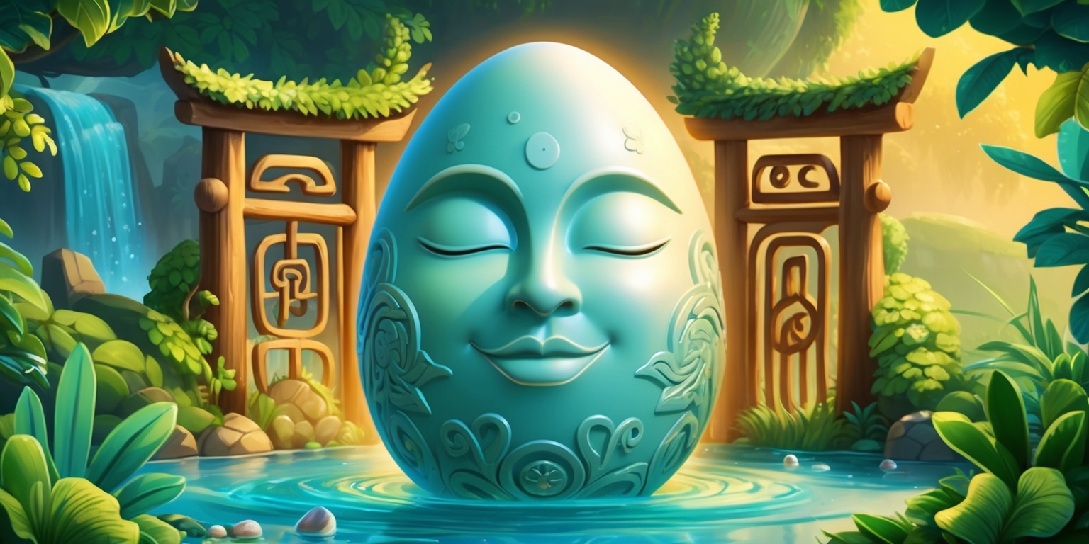 A vibrant and detailed illustration of a Zen Egg Adventure game, featuring a large egg with a serene facial expression and closed eyes, surrounded by lush greenery and gentle water elements, with a stylized wooden gate in the background, the egg is decorated with intricate carvings and symbols, the atmosphere is peaceful and mystical, the color palette includes soft blues and greens, with warm golden light illuminating the scene, the overall style is a mix of fantasy and nature, with bold lines and delicate textures, the layout is balanced and harmonious, with the egg as the central focus, and the wooden gate and greenery framing the scene, the facial features of the egg are calm and enigmatic, with a subtle smile, and the overall mood is one of tranquility and adventure.