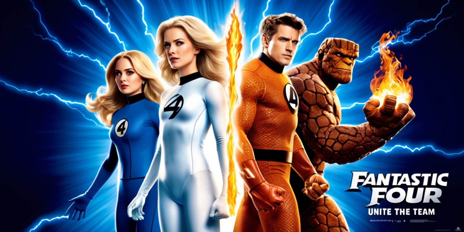 A vibrant and dynamic poster depicting the iconic superheroes from the Fantastic Four movie, set against a bold, electric blue background that evokes a sense of energy and action. Mr. Fantastic, Invisible Woman, Human Torch, and The Thing stand united, each showcasing their unique powers and personalities. Mr. Fantastic, with his signature stretching abilities, is positioned centrally, his facial features determined and strong, with a subtle smile. Invisible Woman, with her force fields and invisibility powers, stands to his left, her facial expression confident and courageous, her long blonde hair flowing behind her. Human Torch, radiating fiery energy, is positioned to the right, his facial features frozen in a dynamic, fiery pose. The Thing, with his rugged, rock-like appearance, stands at the far right, his facial expression a mix of gruffness and loyalty. The title Fantastic Four is emblazoned across the top in bold, silver 3D lettering, with the tagline Unite the Team written in smaller text at the bottom, in a stylized, futuristic font.