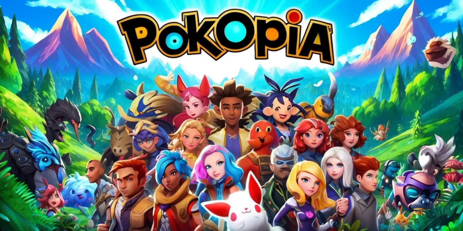 A vibrant digital illustration of a fantasy world inspired by the Pokopia game, with lush green forests, majestic mountains, and a bright blue sky, featuring a diverse group of characters with unique facial features, skin colors, and hairstyles, surrounded by various creatures and game elements, including detailed textures, and intricate designs, with a mix of warm and cool colors, and a sense of adventure and excitement, set against a stunning landscape with a sense of depth and dimension, with bold lines, and dynamic composition, and a hint of magic and wonder, with the game's logo prominently displayed in a bold, modern font, with a metallic sheen, and a splash of bright colors, inviting the viewer to enter the immersive world of Pokopia.