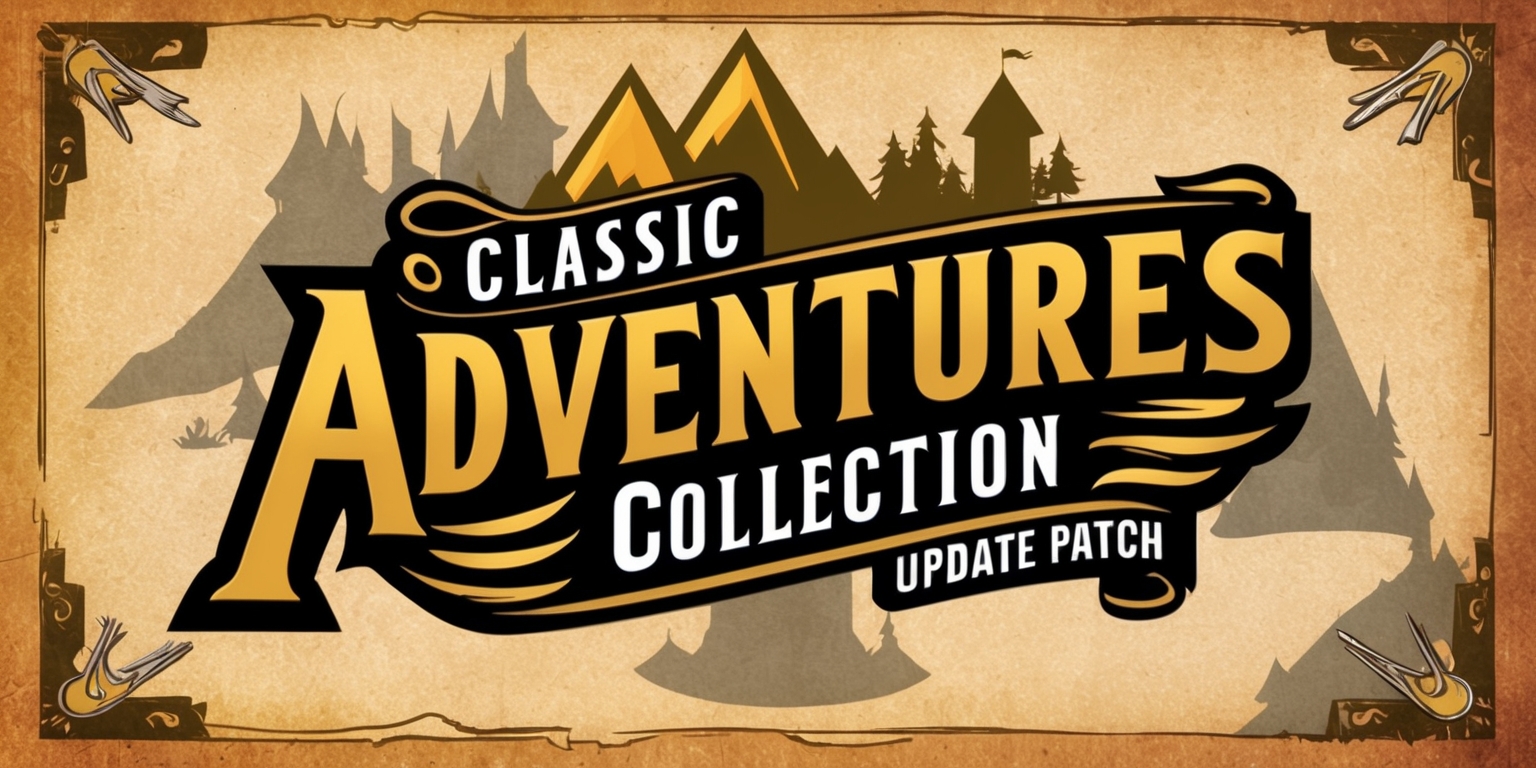 A stylized illustration of a video game update patch for the Classic Adventures Collection, featuring a vibrant color scheme with earthy tones and golden accents, set against a subtle texture resembling old parchment, with bold fonts and ornate typography, the title Classic Adventures Collection is prominently displayed in a curved line above a smaller text that reads update patch, the background includes faint silhouettes of fantasy elements such as mountains, forests, and castles, blending seamlessly into the foreground where a few iconic game symbols and characters are visible, the overall design exudes a sense of nostalgia and excitement, evoking the feeling of embarking on new quests and discoveries within the game.