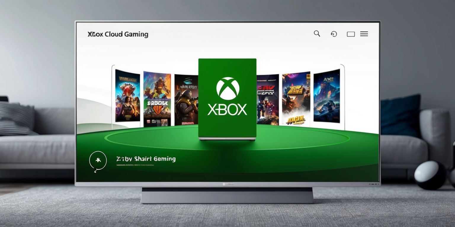 A sleek and modern smart TV screen displaying the Xbox Cloud Gaming app, with a vibrant and colorful interface featuring the Xbox logo in a bold, green font, and a diverse lineup of popular video games showcased on a carousel, set against a clean and minimalist background, with a navigation menu at the top and a search bar at the center, surrounded by a thin border and a subtle gradient effect to enhance the visual appeal, on a large screen 4K smart TV with a slim bezel and a silver frame, placed in a cozy living room with a comfortable couch and a few gaming accessories in the background.