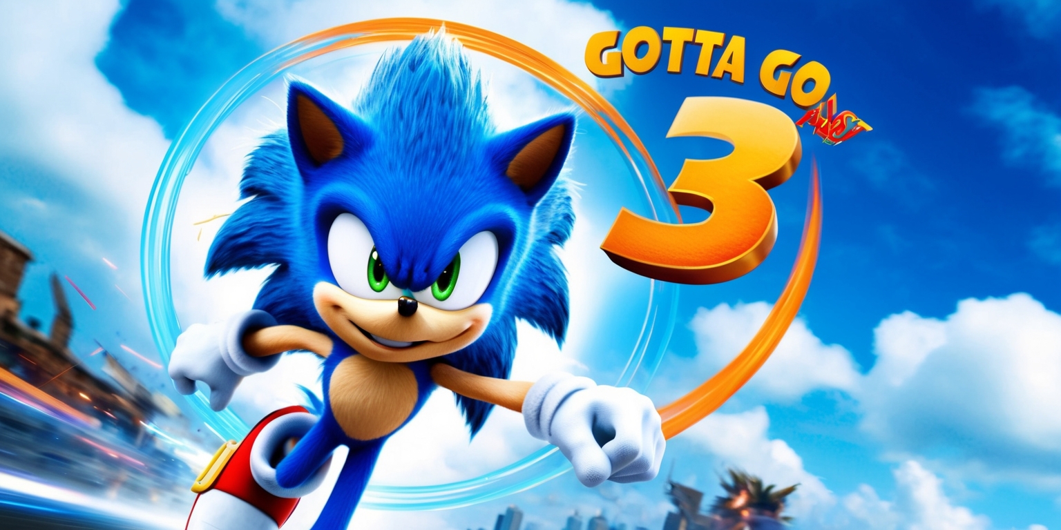 A vibrant, action-packed movie poster for Sonic the Hedgehog 3, set against a bright blue sky with fluffy white clouds, featuring the beloved blue hedgehog, Sonic, in the foreground, looking energetic and confident with his signature spikes and bright green eyes, wearing a big smile on his face, and a hint of determination in his expression, surrounded by a halo of speed lines and movement blur, with the number 3 emblazoned in bold, metallic gold font next to him, surrounded by a thin, electric blue circle, with the tagline Gotta Go Fast written in curved, dynamic script above him in a bright, fiery orange color, with Dr. Eggman's sinister face looming in the background, his menacing eyes and evil grin subtly visible through the clouds, amidst a haze of chaos and debris, with a cityscape or jungle ruins in the distance, showcasing the film's blend of humor, adventure, and high-octane excitement.