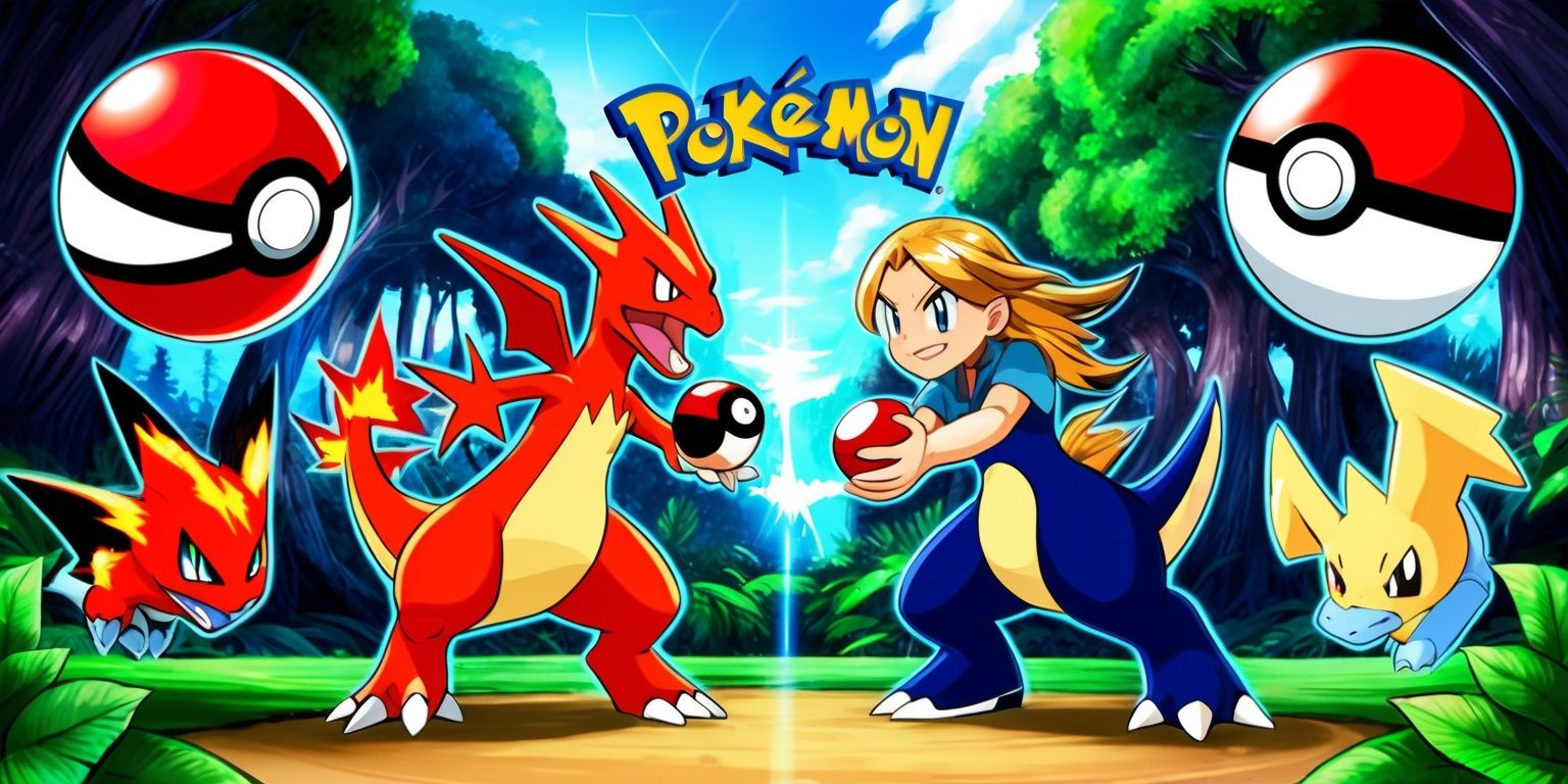A colorful digital illustration of a Pokémon battle game scene, with two trainers standing on opposite sides, each holding a Poké Ball, set against a vibrant background of a dense forest with towering trees, lush green foliage, and a clear blue sky, the trainers are surrounded by their respective Pokémon, a fiery Charizard and a water-type Vaporeon, with dynamic lighting effects, bold lines, and intricate details, the trainers have determined facial expressions, with one having short brown hair and fair skin, and the other having long blonde hair and tanned skin, the Poké Balls are designed with a classic red and white color scheme, and the game's logo is emblazoned in bold, blue letters at the top of the image, with a subtle gradient effect to give it a sense of depth and dimensionality.