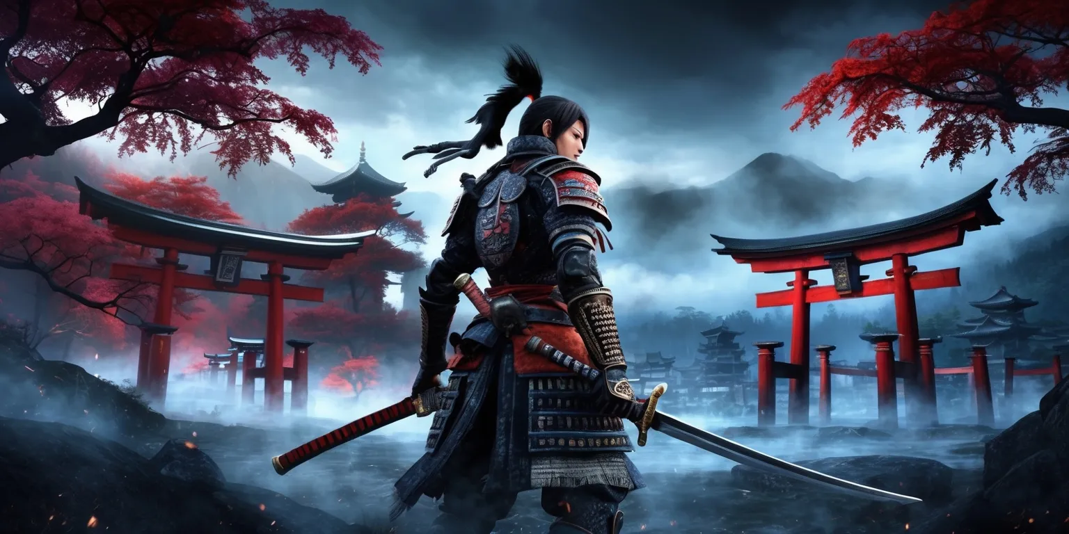 A dark fantasy samurai action role-playing game scene from Nioh 3 with a lone warrior standing in the midst of a mystical Japanese landscape, surrounded by traditional torii gates, crimson maple trees, and a backdrop of misty mountains, the warrior wears a mix of traditional Japanese armor and ominous dark attire, with a katana at their side, their face determined and fierce, as they gaze out towards a distant threat, the atmosphere is tense and foreboding, with a subtle glow of yokai energy emanating from the surrounding environment, the overall color palette is a blend of muted earth tones and deep blues, with accents of vibrant red and gold, the style is a mix of realistic and stylized elements, with intricate details on the armor, weapons, and scenery.