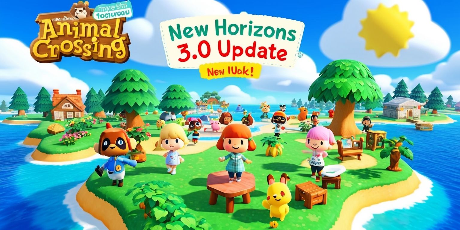 A colorful digital illustration of the Animal Crossing: New Horizons 3.0 update game, featuring a vibrant island setting with lush green trees, bright blue waters, and a variety of adorable characters, including Tom Nook, Isabelle, and other beloved villagers, with a beautiful sunny sky and fluffy white clouds, incorporating elements of the game's updated features, such as new furniture, buildings, and activities, with a mix of natural and man-made elements, showcasing the game's signature wholesome and relaxing atmosphere, with a focus on the game's characters, environment, and gameplay, in a visually appealing and engaging style, with bold lines, soft textures, and a pastel color palette.