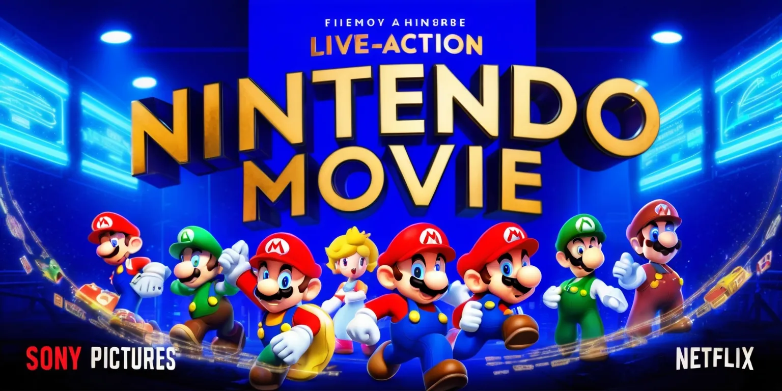 A cinematic poster for a live-action Nintendo movie, set against a vibrant blue background with hints of neon lights, featuring iconic characters from the Nintendo universe, with a bold, golden font displaying the title of the film, and a tagline written in a curved, futuristic style, while Sony Pictures and Netflix logos are prominently displayed in the bottom left and right corners, respectively, with a subtle pattern of power-ups and game elements scattered throughout the design, capturing the essence of a thrilling and action-packed adventure, with a sense of nostalgia and excitement, reflecting the collaboration between the two entertainment giants, and the innovative approach to modern film distribution.