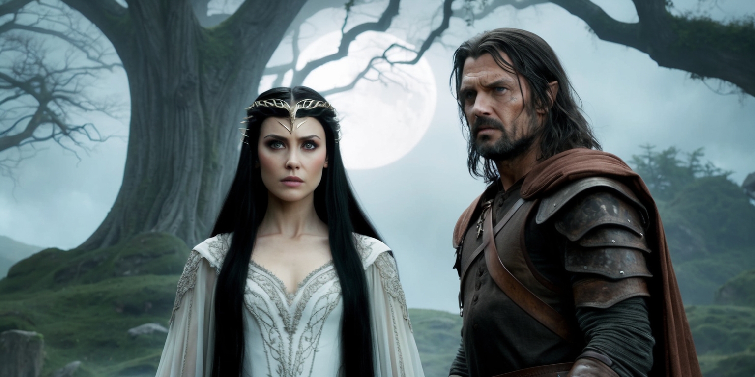 A dramatic scene from The Lord of the Rings: The Rings of Power Season 2, Episode 5, set in a mystical, misty forest, with towering trees, their gnarled branches stretching towards the sky, illuminated by soft, ethereal moonlight, casting an otherworldly glow on the characters, with Galadriel, regal and powerful, standing front and center, her piercing green eyes fixed intently, her long, raven-black hair cascading down her back, dressed in a flowing white gown, embroidered with intricate, silver thread, her slender fingers grasping the hilt of her sword, while Halbrand, strong-jawed and brooding, stands beside her, his rugged features weathered from battle, his piercing blue eyes fixed on some distant point, his dark hair tousled, clad in worn, earth-toned leather armor, with the faintest hint of Middle-earth's rolling hills and ancient ruins visible in the background.