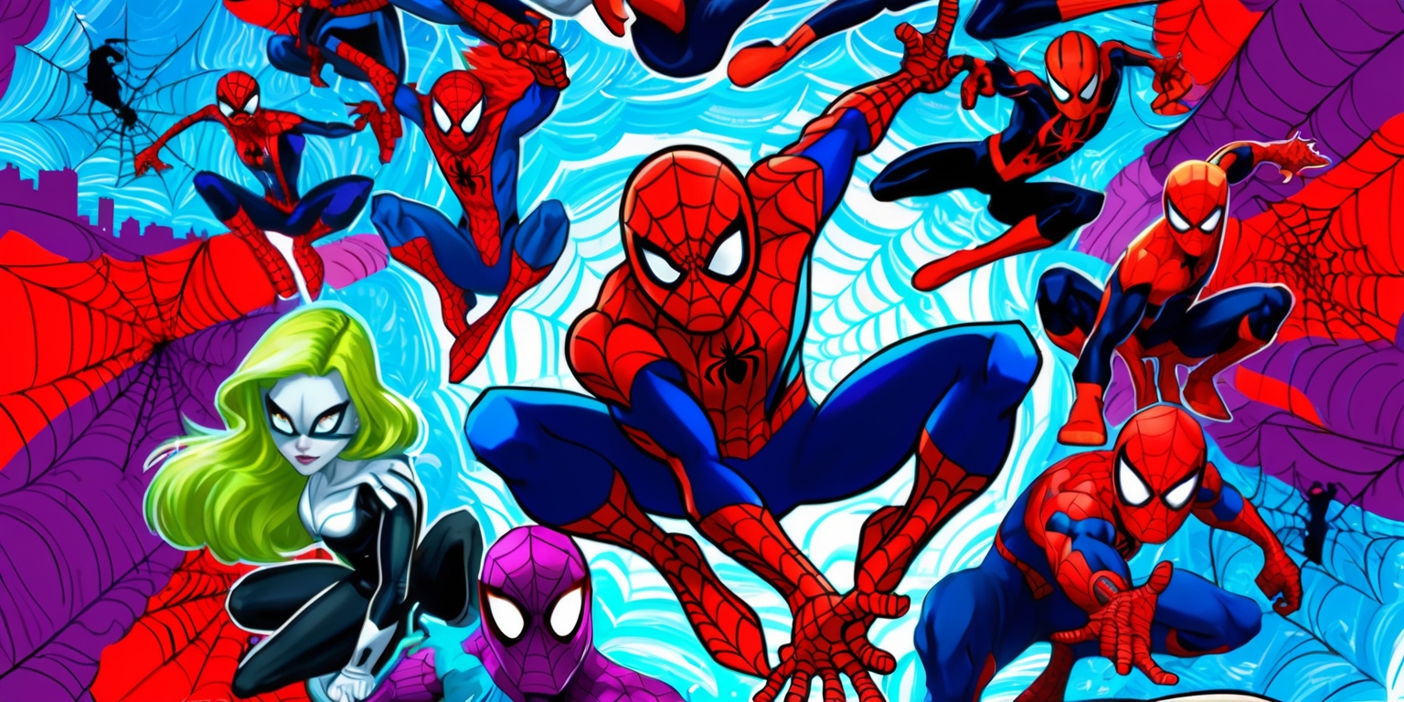 A vibrant, action-packed illustration depicting Spider-Man: Into the Multiverse series, featuring a dynamic composition of multiple Spider-Men and Women, each with unique costumes, poses, and facial expressions, set against a stylized, swirling multiverse backdrop of bright blue, red, and purple hues, with intricate web patterns and silhouettes of cityscapes, showcasing the infinite possibilities of the Spider-Verse, with bold lines, textured brushstrokes, and a mix of digital and traditional media, capturing the energetic and playful tone of the series, with Spider-Man's iconic red and blue suit at the center, surrounded by other variants, including Spider-Gwen, Spider-Man Noir, and Spider-Ham, each with their own distinct style and personality, blending comic book aesthetics with a modern, cinematic twist.