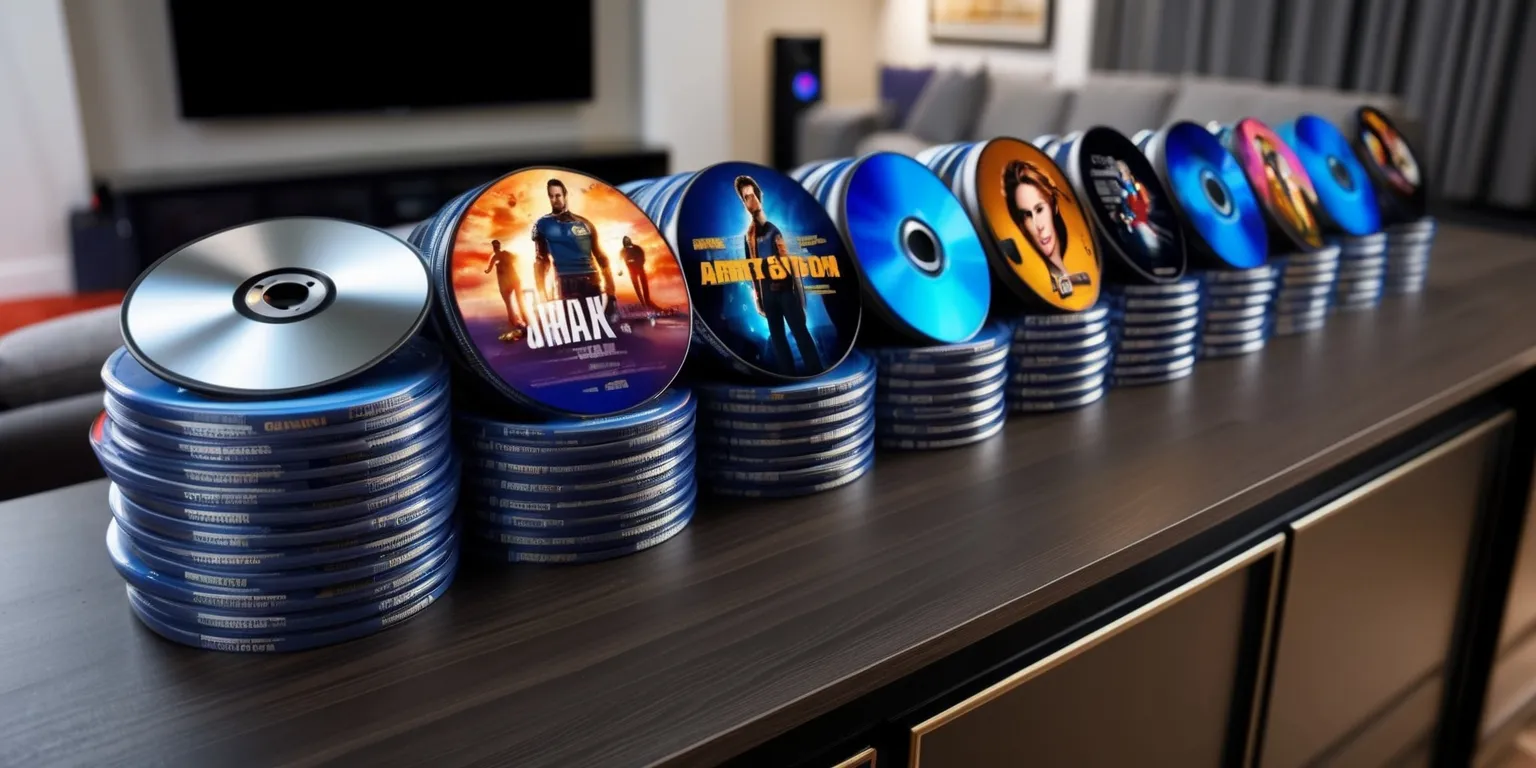 A shelf filled with 4K Blu-ray movie discs, each with a vibrant cover featuring a mix of action, drama, and comedy films, with sleek and modern packaging, metallic silver or blue discs visible through the transparent plastic cases, the shelf is made of dark wood with a subtle sheen, the background is a blurred living room with a large screen TV and a sound system, the discs are stacked horizontally with some titles leaning against each other, the colors are a mix of muted and bright hues reflecting the variety of movie genres, the overall aesthetic is one of a collector's pride and entertainment enthusiasm, with a few discs slightly angled to showcase their unique cover art.