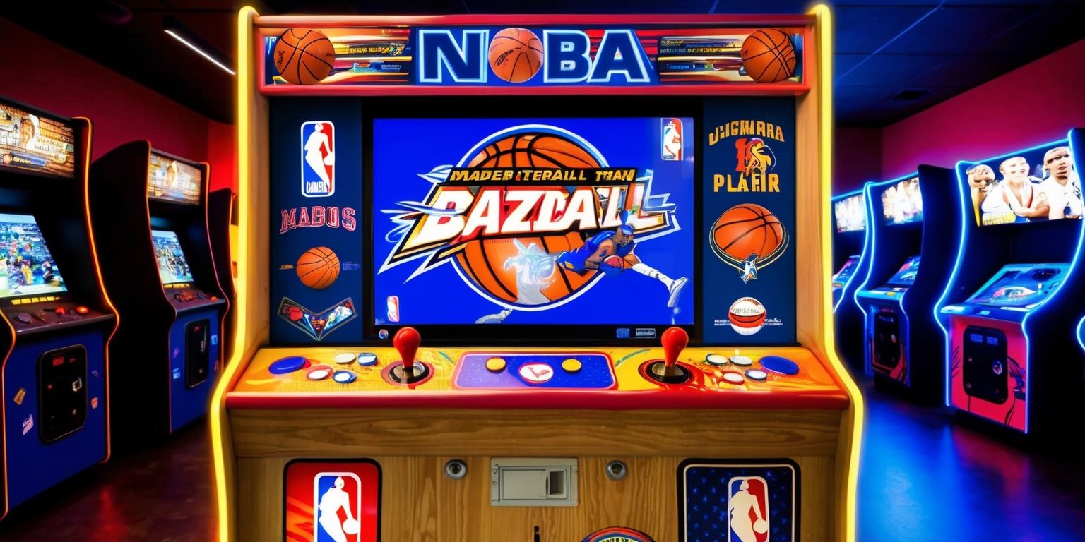 A vibrant NBA-themed arcade cabinet with a wooden body, featuring a large screen displaying a basketball video game, adorned with colorful NBA team logos, player graphics, and bold typography, set against a dark blue and red background, with flashing buttons, joysticks, and a coin slot, surrounded by neon lights and NBA-themed decals, including images of famous players, basketballs, and hoops, with a sleek, retro-futuristic design, placed in a dimly lit arcade room with other gaming machines in the background, capturing the excitement and energy of competitive basketball and classic arcade gaming.