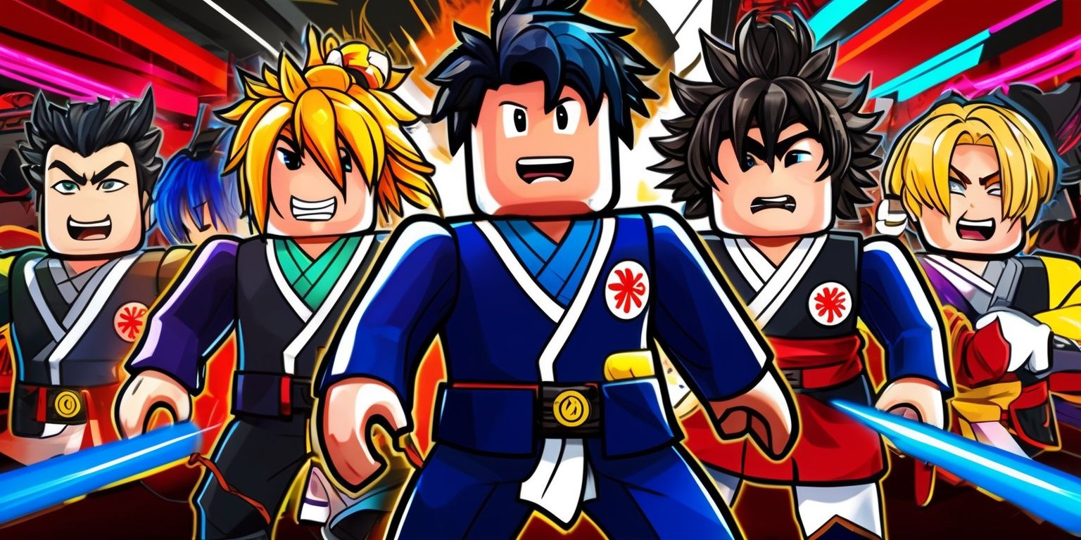 A vibrant digital illustration of a Roblox game scene featuring characters dressed in Gakuran uniforms, set against a stylized Japanese-inspired backdrop with bold colors and dynamic lighting, the characters having distinctive facial features and expressive emotions, with intricate details on their uniforms and accessories, the overall style is reminiscent of anime and manga, with a mix of modern and traditional elements, the layout is dynamic with characters interacting with each other and their surroundings, and the framing is close-up to emphasize the characters' emotions and interactions.
