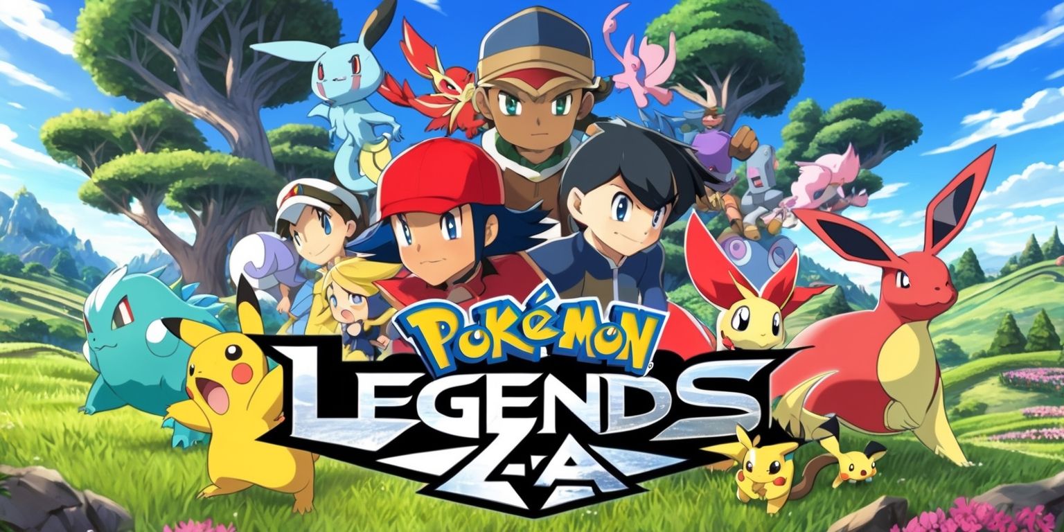 A vibrant, action-packed scene from Pokémon Legends: Z-A game, featuring a diverse range of Pokémon and their trainers, set against a stunning, meticulously detailed landscape with rolling hills, towering trees, and a clear blue sky, the Pokémon and trainers are positioned in the center of the image, with the trainers having unique facial features, varying skin tones, and distinctive clothing, the Pokémon are depicted in their natural habitats, showcasing their unique characteristics, colors, and textures, in the foreground, the game's logo is prominently displayed in a bold, modern font, with the words Pokémon Legends: Z-A emblazoned in a metallic silver color, the overall style is reminiscent of anime and manga, with bold lines, vibrant colors, and dynamic compositions.