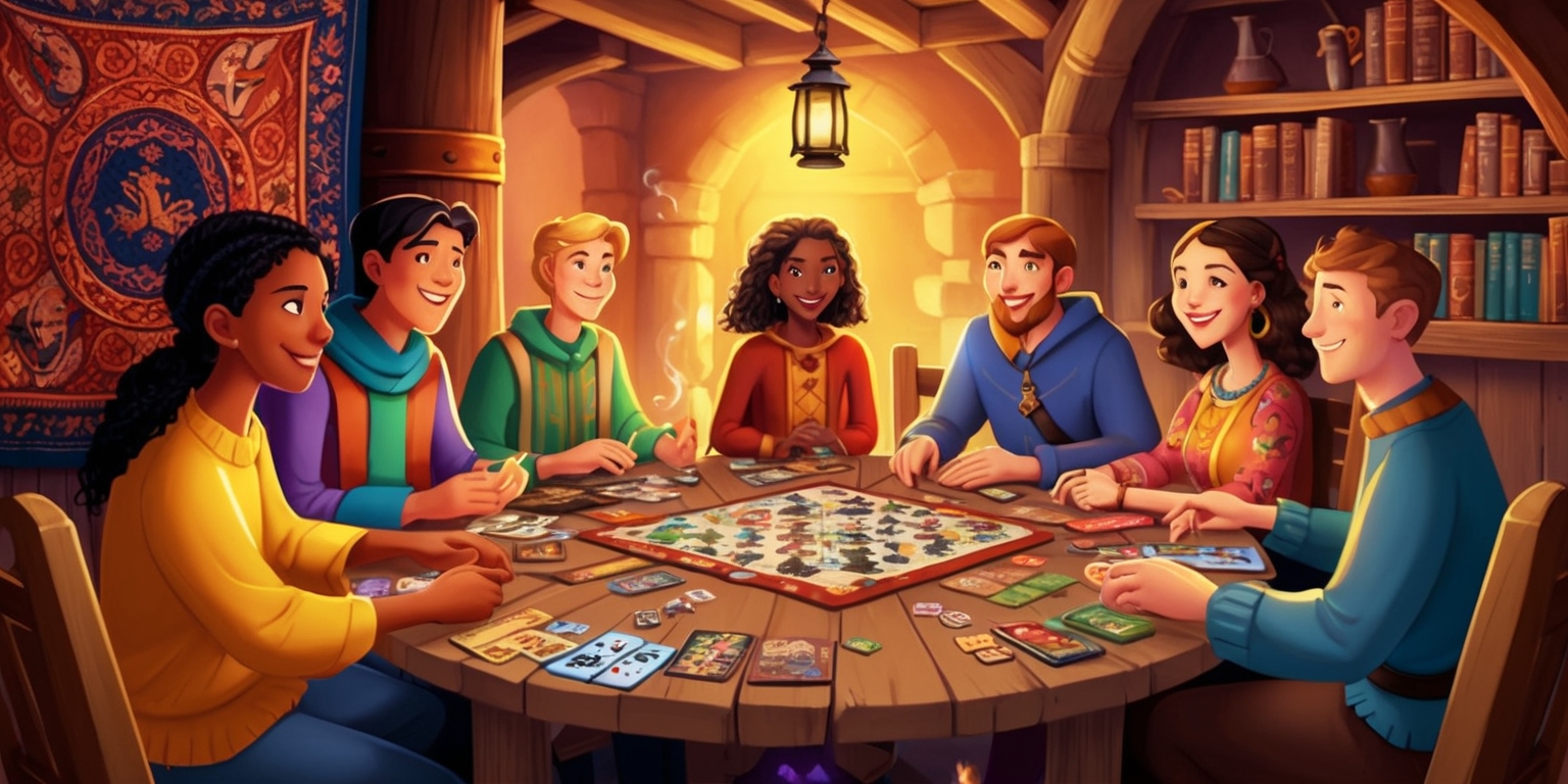 A warm and cozy illustration of a fellowship game night, set in a medieval-style tavern with wooden tables and rustic lanterns, featuring a group of diverse friends, each with unique facial features and skin tones, gathered around a table laden with fantasy-themed board games, cards, and snacks, amidst a backdrop of richly colored tapestries and wooden shelving adorned with leather-bound tomes, with an atmosphere of camaraderie and adventure, bathed in soft, golden warm lighting, and hints of mystical magic in the air, evoking a sense of nostalgia and wonder.