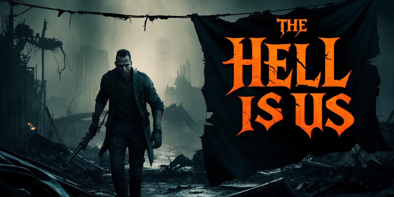 A haunting and surreal scene from the Hell is Us game, set in a dark, ominous, and devastated environment with a predominantly dark color palette, featuring a lone figure with a determined expression, sharp facial features, and a rugged skin tone, surrounded by remnants of a post-apocalyptic world, with a sense of chaos and destruction, and the game's logo, a bold, gothic font with a fiery orange and black color scheme, emblazoned on a worn and torn banner in the background, with a subtle gradient effect to convey a sense of depth and atmosphere, and the overall style is a mix of realistic and stylized elements, with a focus on dramatic lighting and intense shading to emphasize the game's dark and gritty tone.