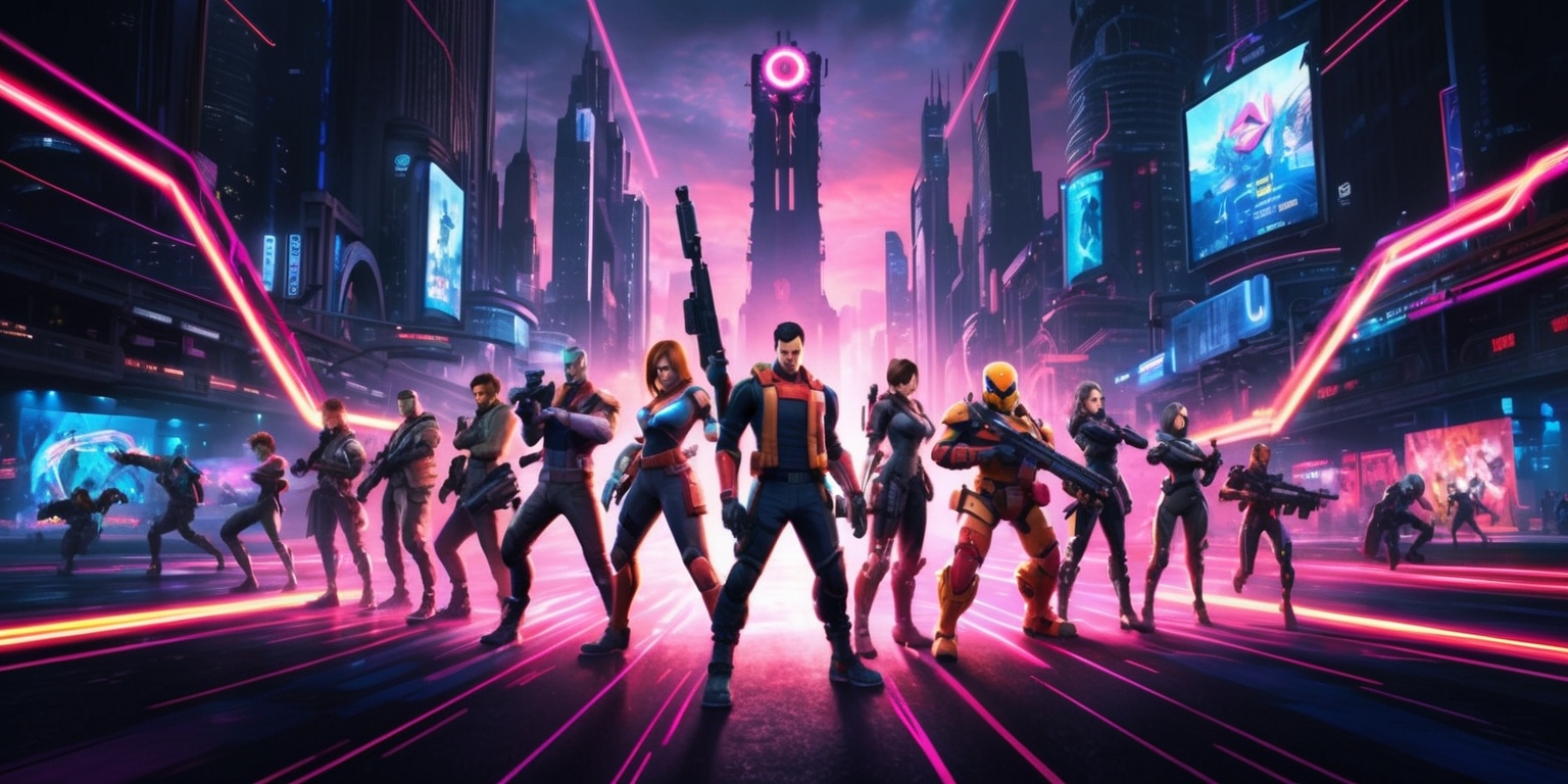 A futuristic, high-energy illustration showcasing a heroic crossover event between popular shooter game franchises, set against a dark, neon-lit cityscape at dusk, with towering skyscrapers and bustling streets filled with sleek, high-tech machinery and holographic advertisements. In the foreground, a diverse group of iconic heroes from different games stand united, each donning their signature attire, wielding their unique weapons, and sporting dynamic, action-ready poses. The heroes are surrounded by a kaleidoscope of vibrant, pulsing colors, with glowing accents and neon trails illuminating their movements. The atmosphere is electric, with an intense, pulsating glow emanating from the heroes, weapons, and machinery, casting long, dramatic shadows across the cityscape. In the distance, a massive, towering screen displays a countdown timer, hinting at the impending arrival of an epic battle or catastrophic event.