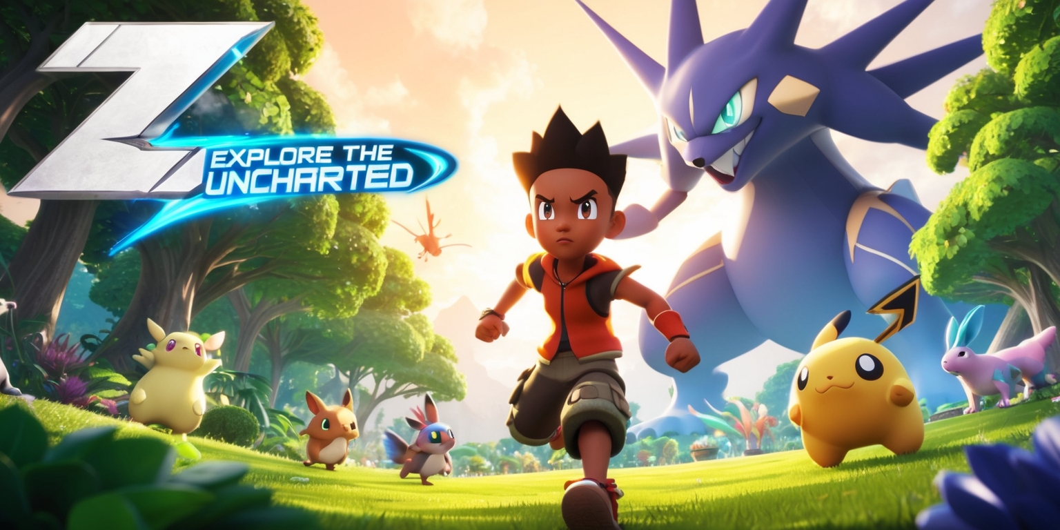 A vibrant, action-packed scene depicting the world of Pokémon Legends: Z-A, featuring a young protagonist with determined facial features and a diverse range of skin tones, standing courageously in the midst of a lush, green forest surrounded by towering trees and exotic Pokémon, with a massive, legendary Pokémon looming in the background, set against a warm, golden light, with the game's logo, a stylized, bold, silver letter Z and A, prominently displayed in the top left corner, in a futuristic, cursive font, with the tagline Explore the Uncharted written in a curved line above the logo, in a bright, electric blue color.