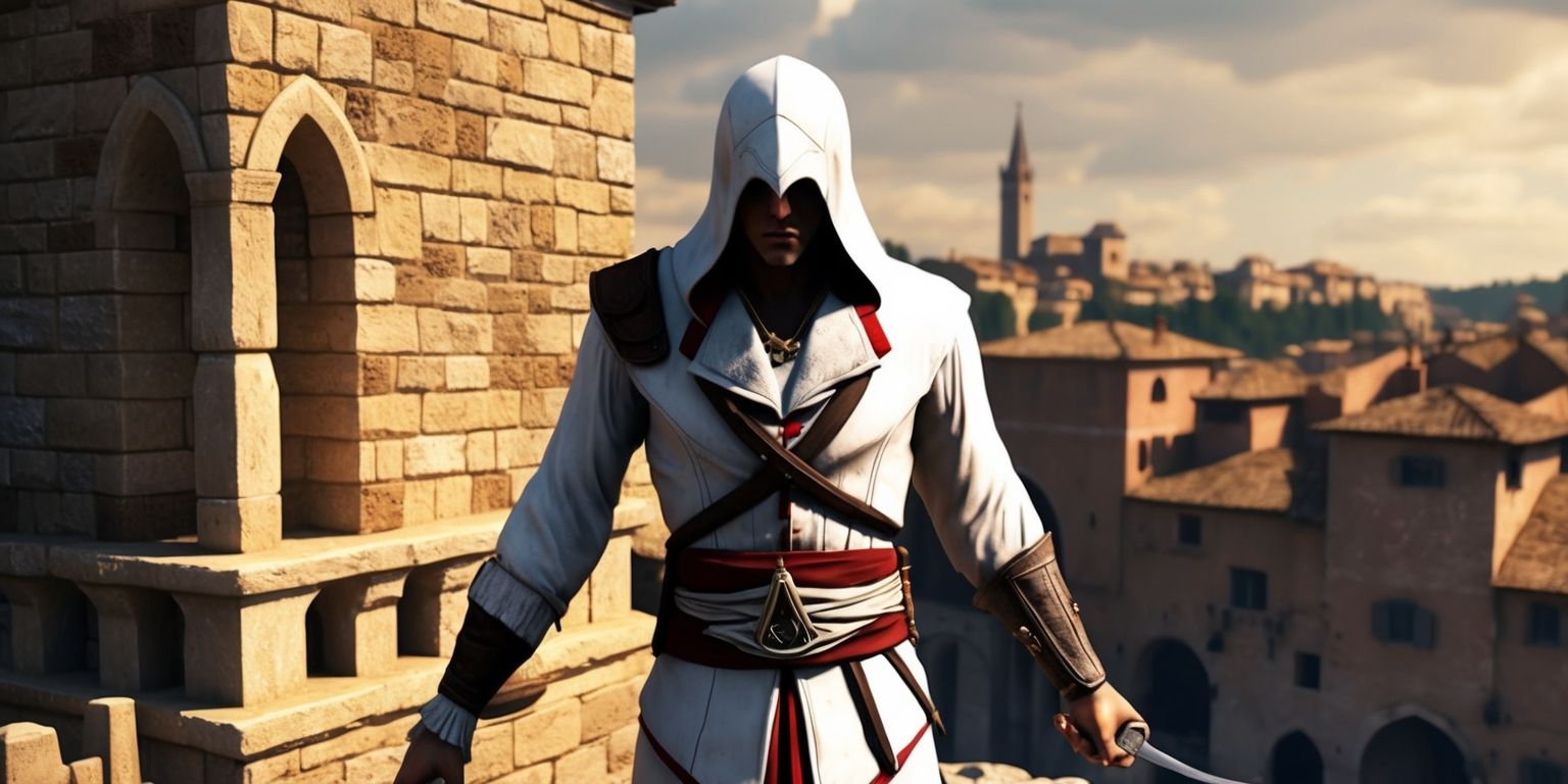 A cinematic image of a hooded assassin standing atop a medieval stone building with a cityscape in the background, set in a stylized depiction of Renaissance Italy, with the assassin wearing a traditional white hooded robe and wielding a hidden blade, the character's facial features obscured by the hood, with a warm golden light cast over the scene, and a subtle Creed insignia embossed on the assassin's belt, the image rendered in a highly detailed and realistic style reminiscent of the Assassin's Creed TV series, with a mix of earthy tones and deep shadows, and a sense of dynamic movement and tension captured in the character's pose.