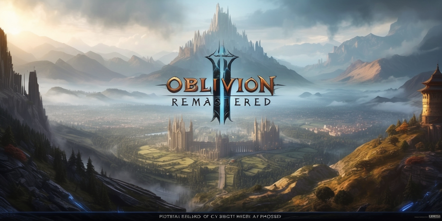 A highly detailed, futuristic, and atmospheric digital illustration depicting the world of Oblivion Remastered, with a grand, sweeping vista of the fantasy realm of Cyrodiil, featuring the majestic Imperial City in the distance, surrounded by a backdrop of towering mountains, rolling hills, and lush forests, with a misty, golden light illuminating the scene, evoking a sense of nostalgia and wonder, rendered in a stunning, photorealistic style with intricate textures, vibrant colors, and a cinematic quality, showcasing the game's rich lore and immersive environment, with subtle hints of magic and mystery lingering in the air.