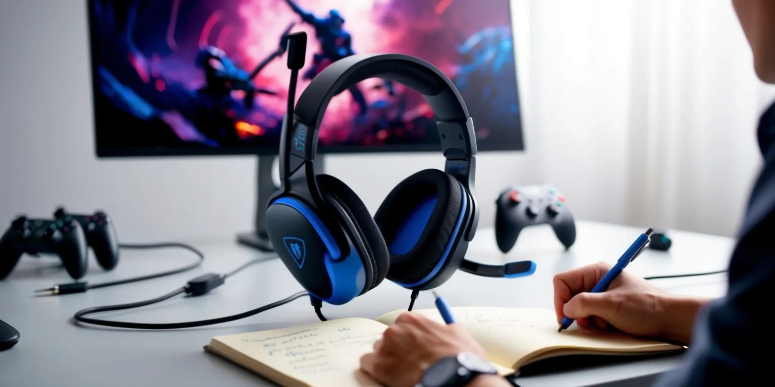 A close-up photograph of a budget gaming headset on a sleek, modern desk, with a large, high-resolution computer screen blurred in the background, displaying a vibrant, immersive gaming scene, the headset itself is a sleek black color with bright blue accents and a silver microphone, a person's hand is partially visible, grasping the headset, with a few gaming controllers and cables neatly organized around it, a notebook or journal lies open nearby, filled with handwritten notes and ratings, the overall mood is one of a serious, in-depth review, with the focus squarely on the headset and its features, the lighting is soft and neutral, with a slight glow from the computer screen illuminating the scene.