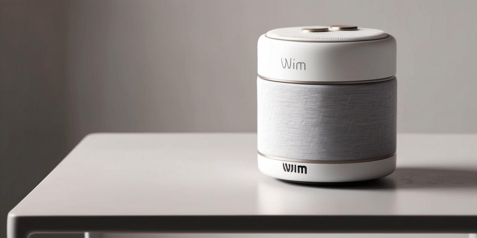 A sleek and modern WiiM Sound Lite smart speaker with a compact cylindrical body, sitting on a minimalist table against a soft gray background, its matte white finish reflecting a hint of warm light, a subtle WiiM logo embossed on the front in a simple yet elegant silver font, the speaker's fabric grille wrapping around its body in a smooth curve, with a few carefully placed buttons on top in a metallic finish, the overall design exuding a sense of understated sophistication and cutting-edge technology, with a few subtle shadows and highlights accentuating its contours and textures.