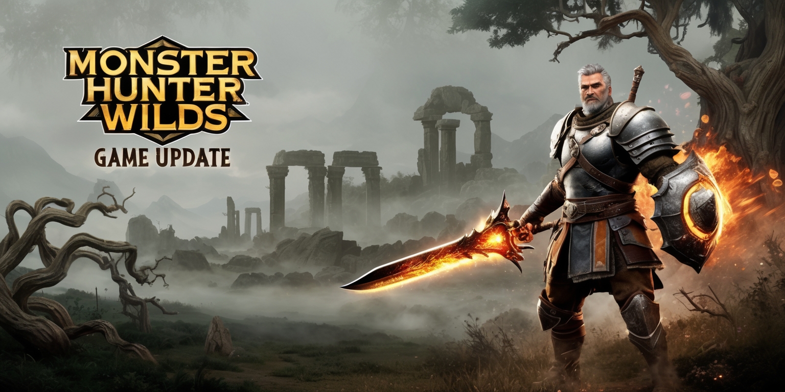 A dramatic fantasy landscape illustrating the Monster Hunter Wilds game update, set in a vast, misty wilderness with ancient ruins and twisted, gnarled trees in the background, overlaid with a subtle, earthy color palette of greens, browns, and tans, with hints of fiery oranges and reds to evoke a sense of adventure and danger, featuring a mighty, armored hunter standing heroically in the foreground, clad in worn leather and metal armor, with a powerful, glowing weapon at the ready, their determined facial expression and fierce gaze conveying a sense of bravery and resilience, surrounded by a few, scattered, glowing, ethereal orbs that suggest the presence of magical forces, and in the top-left corner, the Monster Hunter Wilds logo emblazoned in bold, golden font, with the words Game Update written in smaller, curved text above it, in a stylized, modern, fantasy-inspired font.