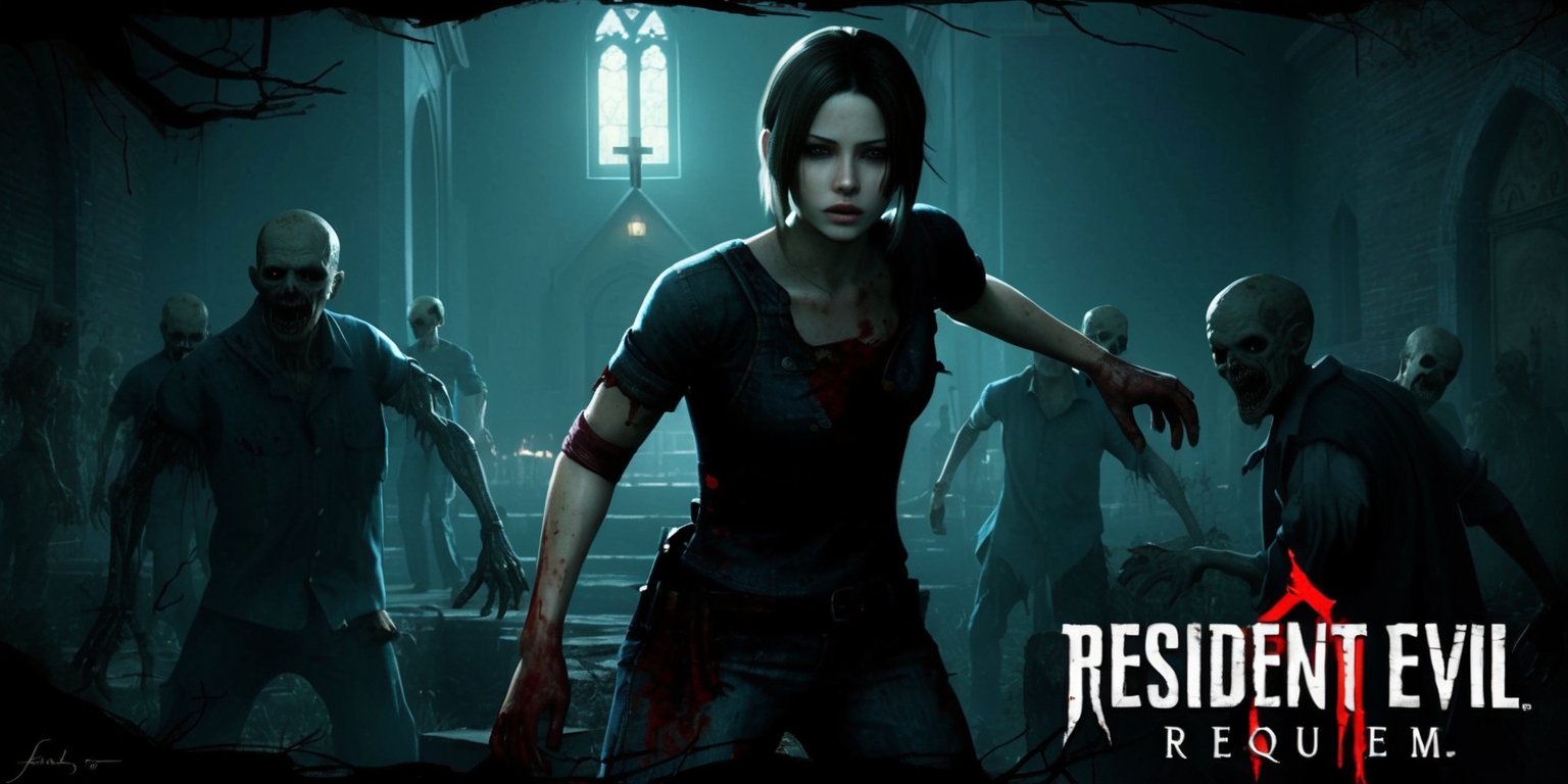 A dark and eerie scene from the Resident Evil Requiem game, with a haunting atmosphere and ominous lighting, set in a dimly lit abandoned church or a creepy graveyard, featuring Claire Redfield or other main characters from the game, with pale skin and determined facial expressions, wearing torn and bloody outfits, surrounded by undead creatures like zombies or other monstrous beings from the game, with a mix of earthy tones and deep shadows, and a sense of intense action and horror, with bold lines and dramatic shading, and a gripping composition that draws the viewer into the terrifying world of the game.